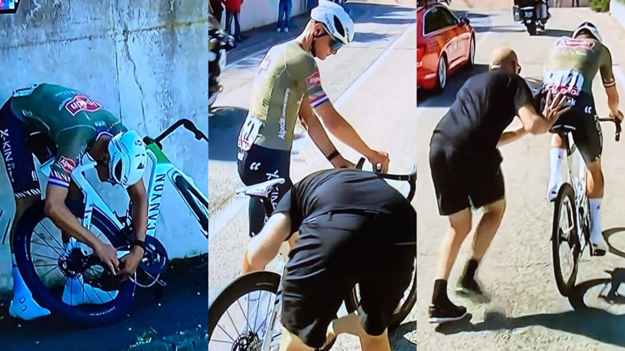 El corredor del Alpecin-Fenix tuvo que detenerse y descolgarse del pelotón debido a un problema mecánico en su bicicleta. Y pensar que su equipo estaba tirando del grupo Maglia Rosa para alcanzar a los fugados…
