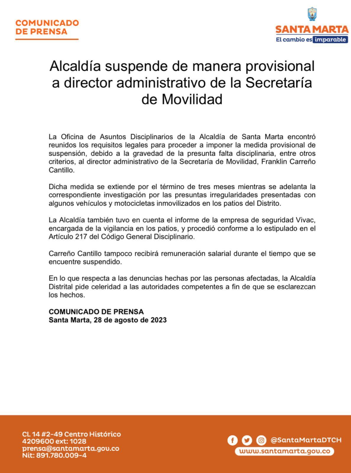 Comunicado Alcaldía de Santa Marta.