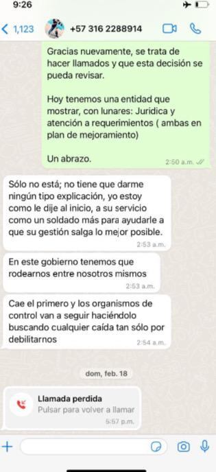 En estos chats quedaron registradas las charlas entre Olmedo López y Andrés Idárraga.