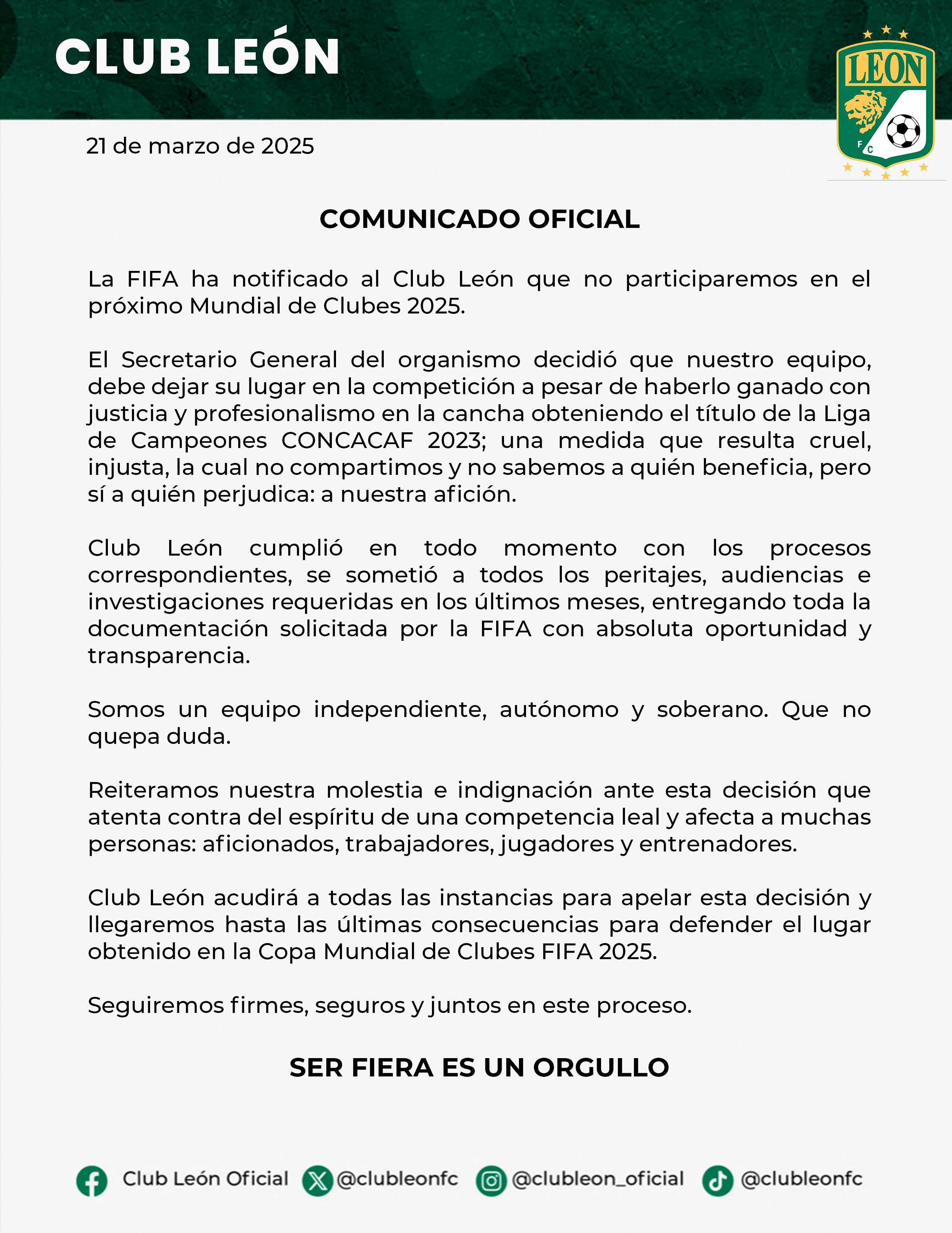 Comunicado oficial de León sobre el escándalo por su salida del Mundial de Clubes.