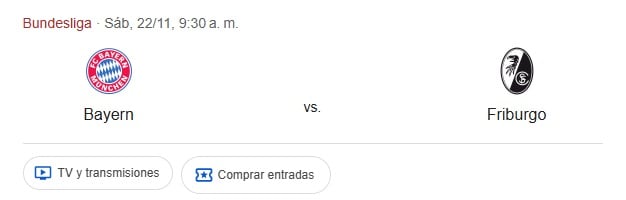 Bayern vs. Friburgo. Pantallazo Google.