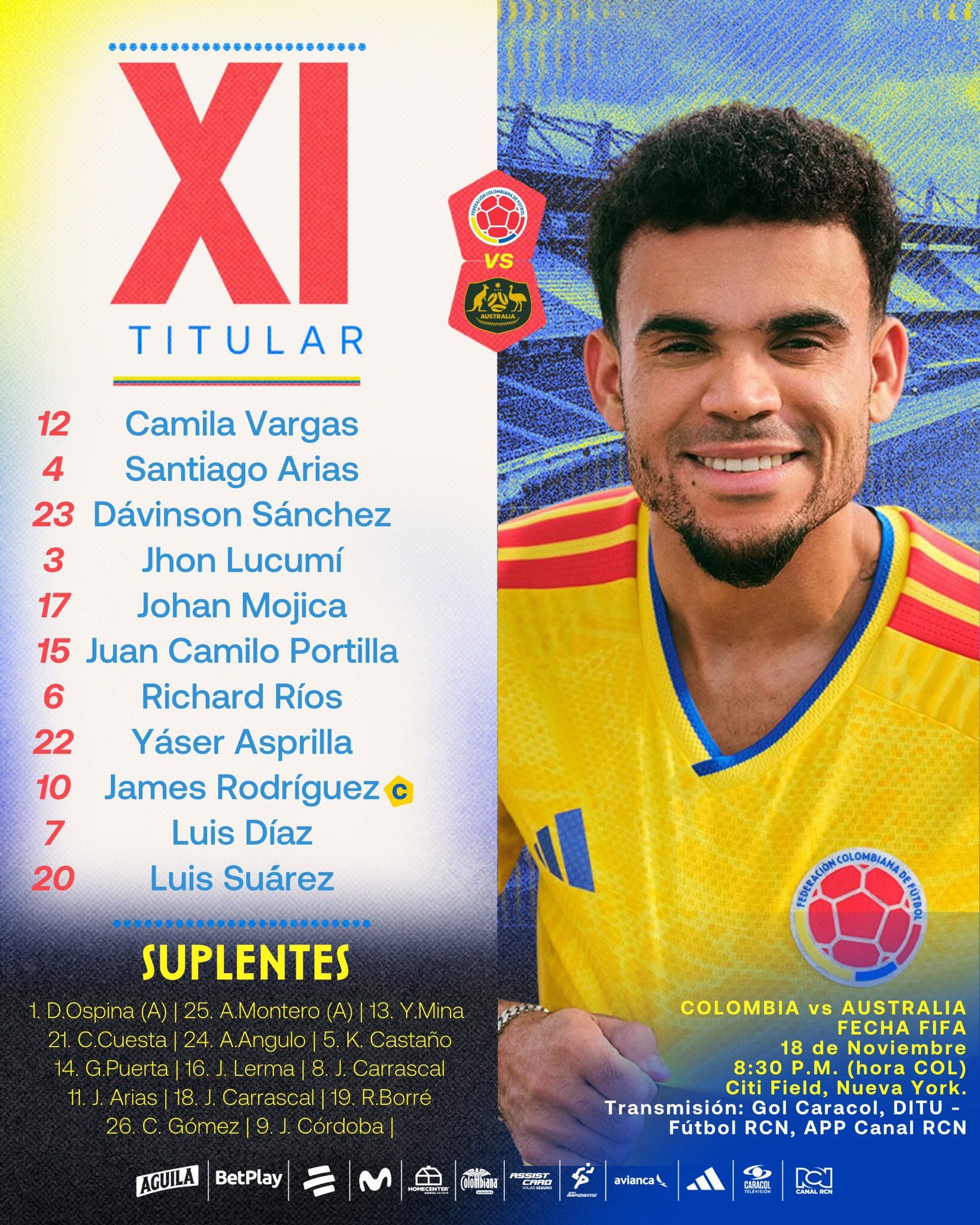 Once titular de la Selección Colombia para jugar contra Australia.