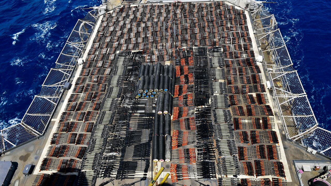 Weapons that the U.S. Navy described as coming from a hidden arms shipment aboard a stateless dhow are seen aboard the guided-missile cruiser USS Monterey on Saturday, May 8, 2021. The U.S. Navy announced Sunday it seized the arms shipment hidden aboard the vessel in the Arabian Sea, the latest-such interdiction by sailors amid the long-running war in Yemen. (U.S. Navy via AP)