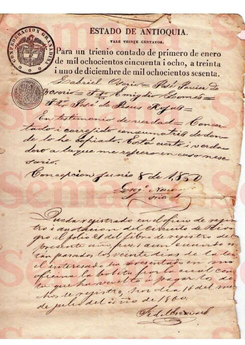 Escritura en la que Nepomusena Osorio dejó los terrenos a las Ánimas del Purgatorio y el Amo Supremo colocado en la iglesia de Concepción (Antioquia).