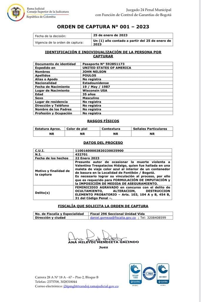 Juez de control de garantías dictó orden de captura en contra de John Paulos por el crimen de la DJ Valentina Trespalacios.