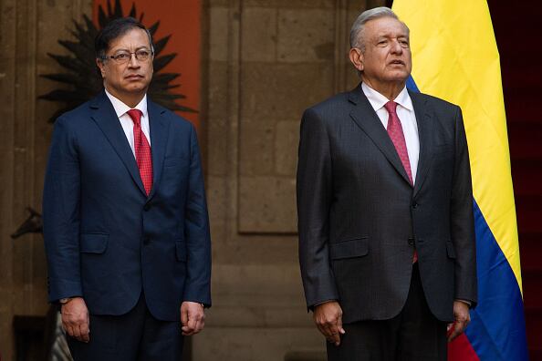 MEXICO CITY, MEXICO - NOVEMBER 25: Mexican President Andres Manuel Lopez Obrador (R) and Colombian President Gustavo Petro, attend the welcome ceremony, at the National Palace, in Mexico City, Mexico on November 25, 2022. (Photo by Daniel Cardenas/Anadolu Agency via Getty Images)
