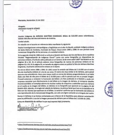 Declaración autenticada por el fotógrafo Mauricio Pardo señalando que la foto que le tomó a Adriana Martínez Dogirama se usó para el billete sin su consentimiento. Su número de documento se borró por privacidad de la persona