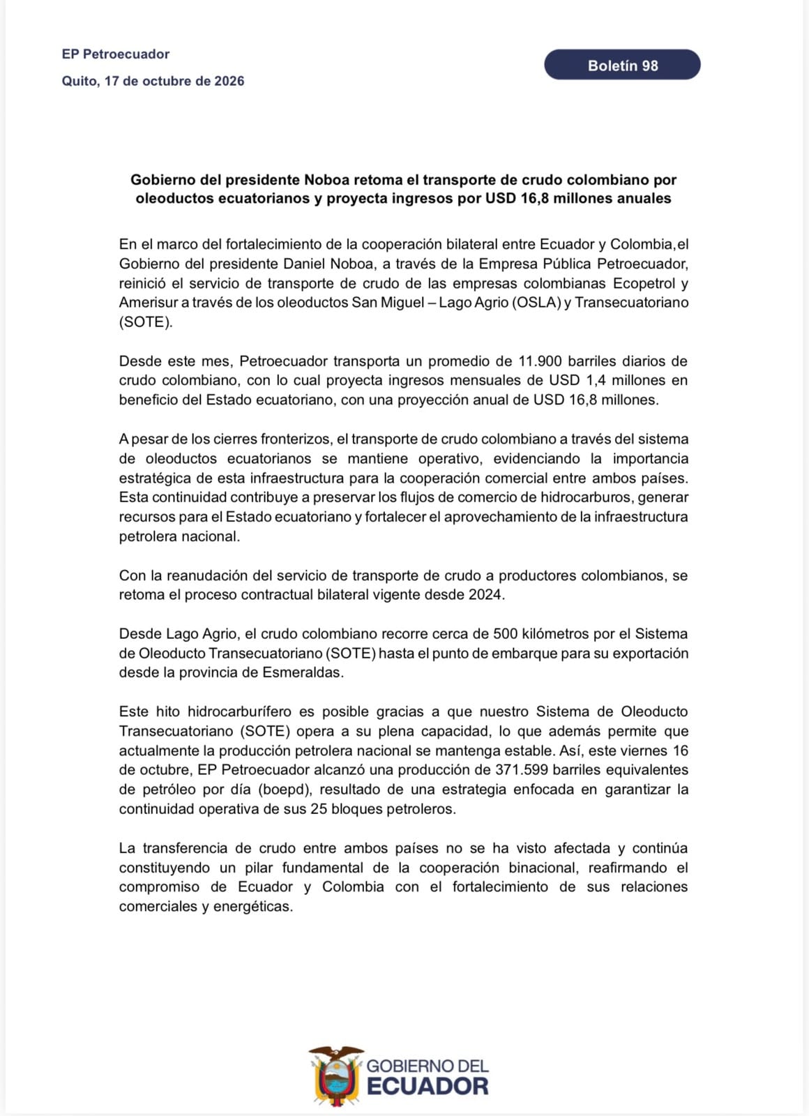Comunicado emitido por el gobierno ecuatoriano.
