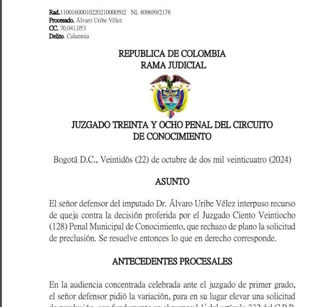 Decisión del juzgado 38 penal, en la que ordena estudiar y decidir la solicitud de preclusión que presentó la defensa de Uribe.