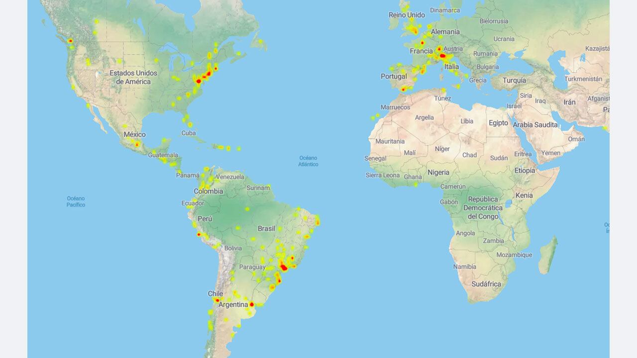 El portal estafallando.com presenta un mapa sobre la caída de los servicios de Microsoft en el mundo.