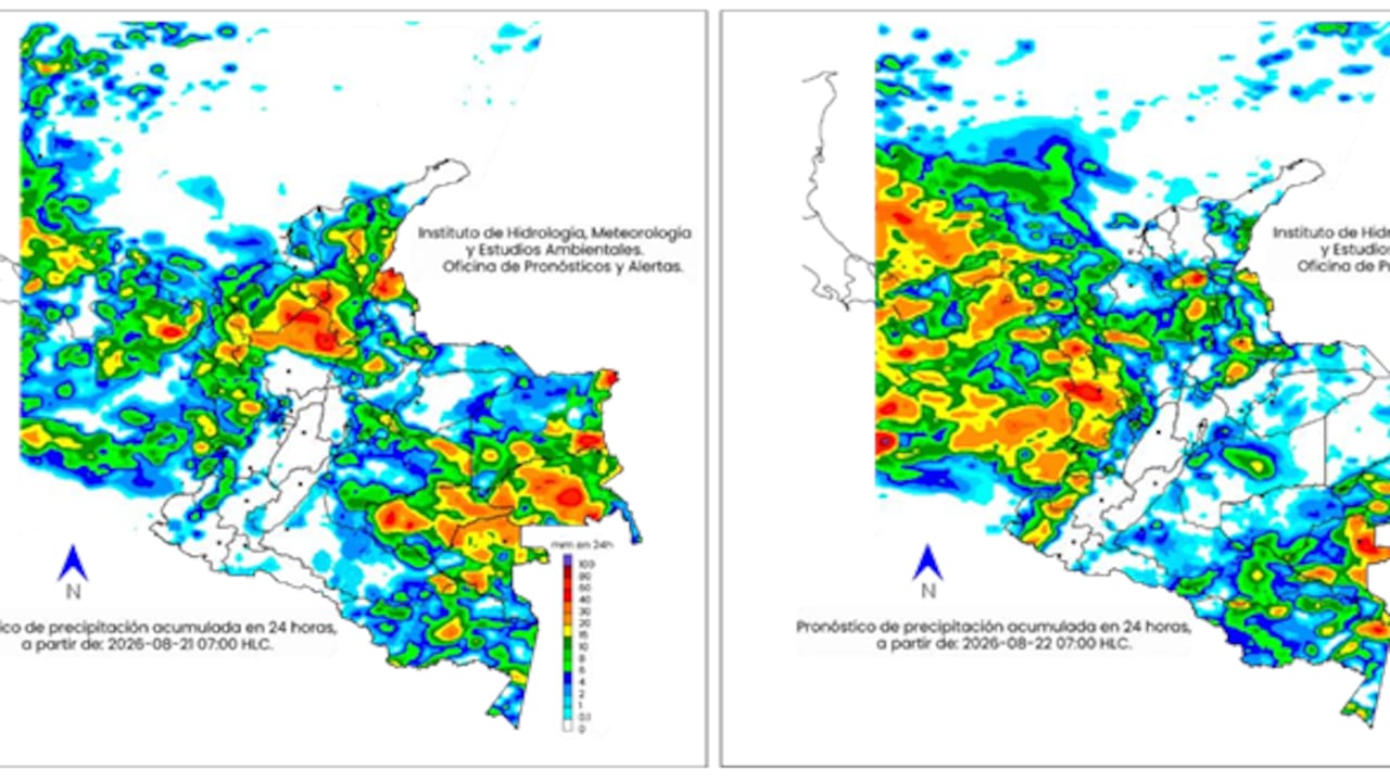 Mapa del clima en Colombia para el viernes 21 (izq.) y sábado 22 de agosto.