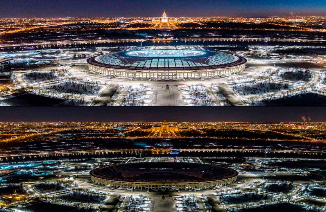 Esta combinación de imágenes muestra el estadio Luzhniki antes y después de que se apagaron las luces para marcar la Hora del Planeta el 24 de Marzo. Las luces se apagaron en unas 7.000 ciudades de todo el mundo, el evento de la Hora de la Tierra de este fin de semana recaudará cientos de miles de dólares para proyectos ambientales en todo el mundo. Es un llamado mundial sobre la importancia de abordar el cambio climático. Dmitry SEREBRYAKOV / AFP