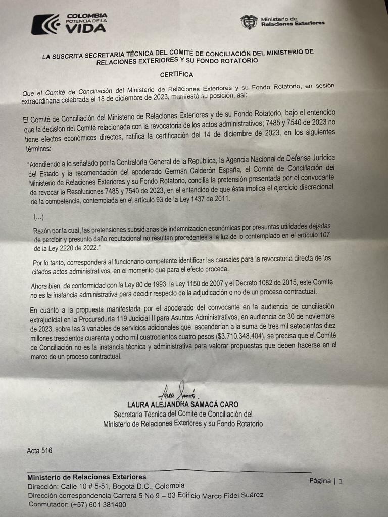 Este es el documento que produjo la secretaria técnica del Comité de Conciliación y que será presentado este martes a la Procuraduría.