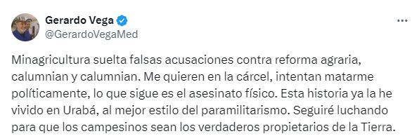 El exdirector de la Agencia Nacional de Tierras, Gerardo Vega, hizo fuertes acusaciones contra el Minagricultura.