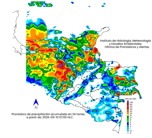 Mapa del clima en Colombia para el jueves 10 de septiembre.