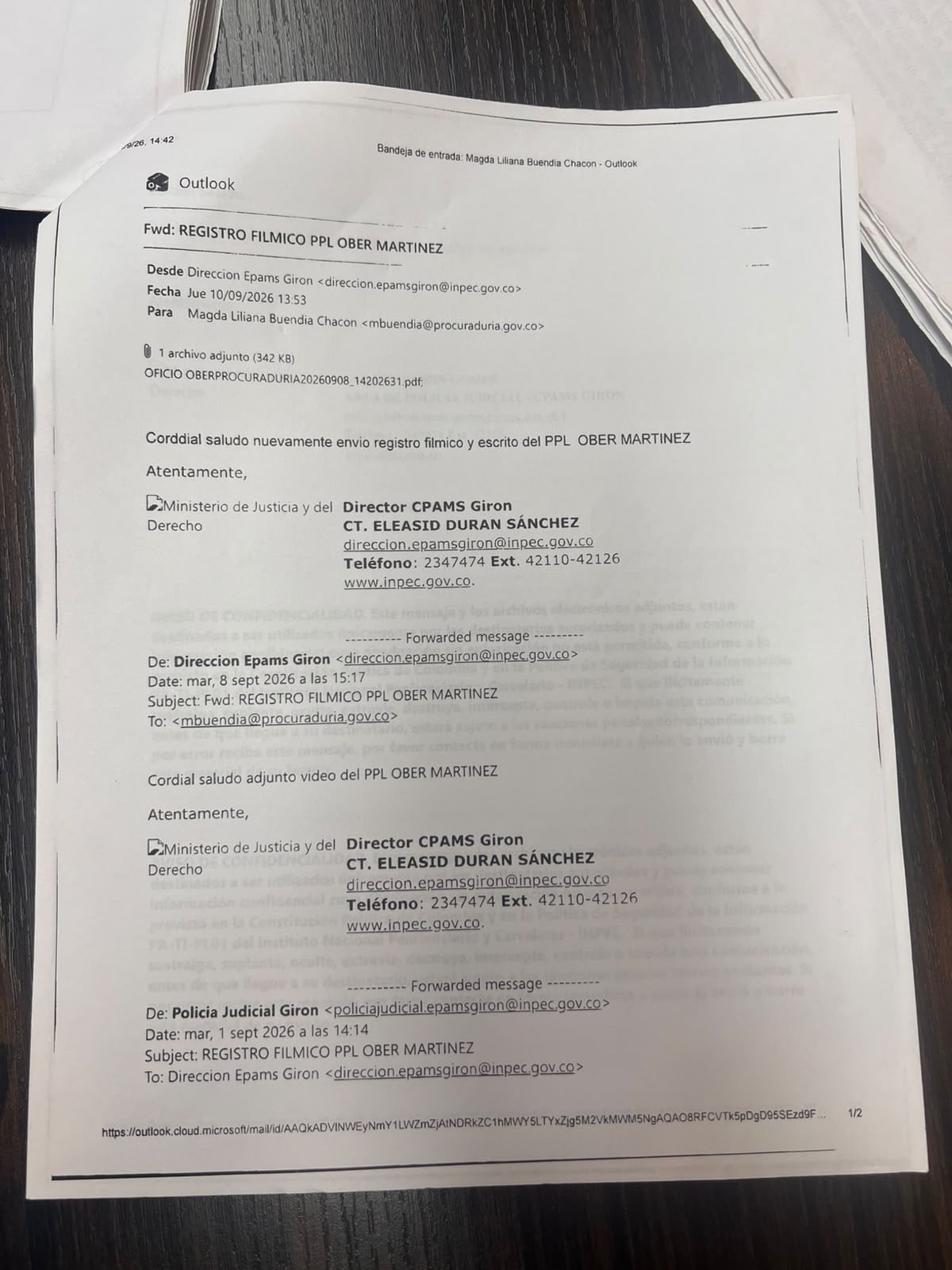 Esta es la trazabilidad donde el Inpec le hizo llegar a la Procuradora Buendía a través de corres institucionales el video del Negro Ober.