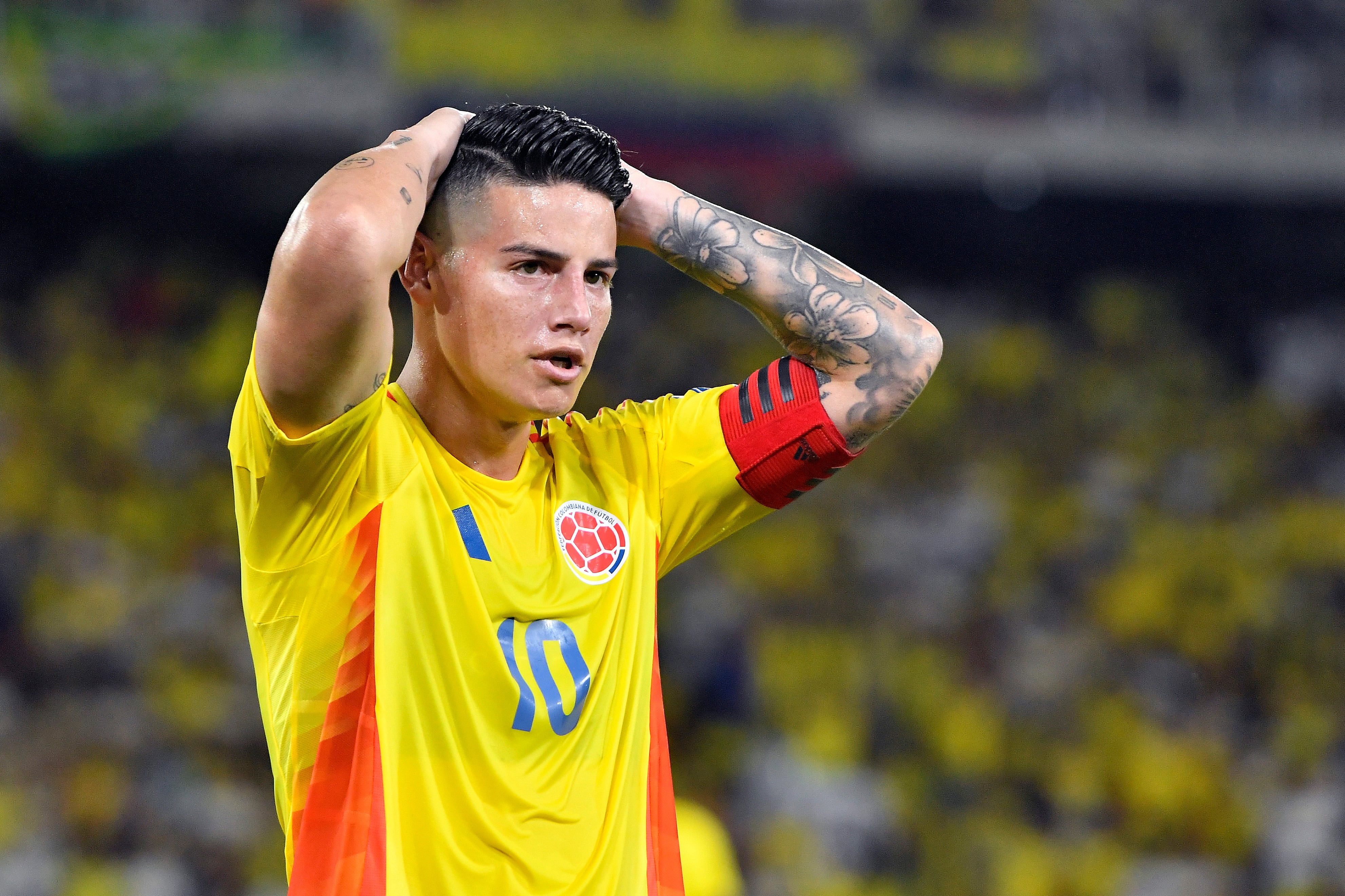 BARRANQUILLA, COLOMBIA - NOVEMBER 19: James Rodriguez of Colombia reacts during the South American FIFA World Cup 2026 Qualifier match between Colombia and Ecuador at Roberto Melendez Metropolitan Stadium on November 19, 2024 in Barranquilla, Colombia.  (Photo by Gabriel Aponte/Getty Images)