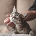 Gato rayado gris con mano de mujer sobre un fondo marrón. Día mundial de las mascotas.
