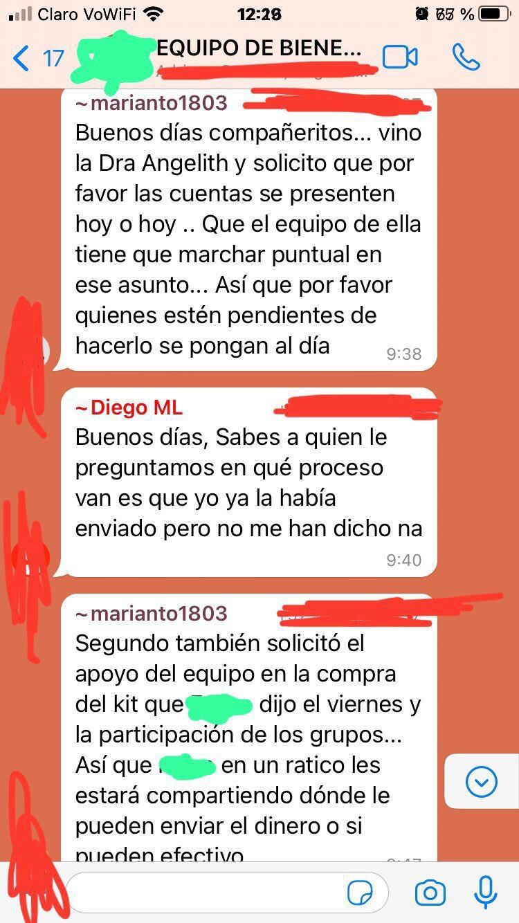 Captura de pantalla del chat que confirma la denuncia de Daniel Briceño