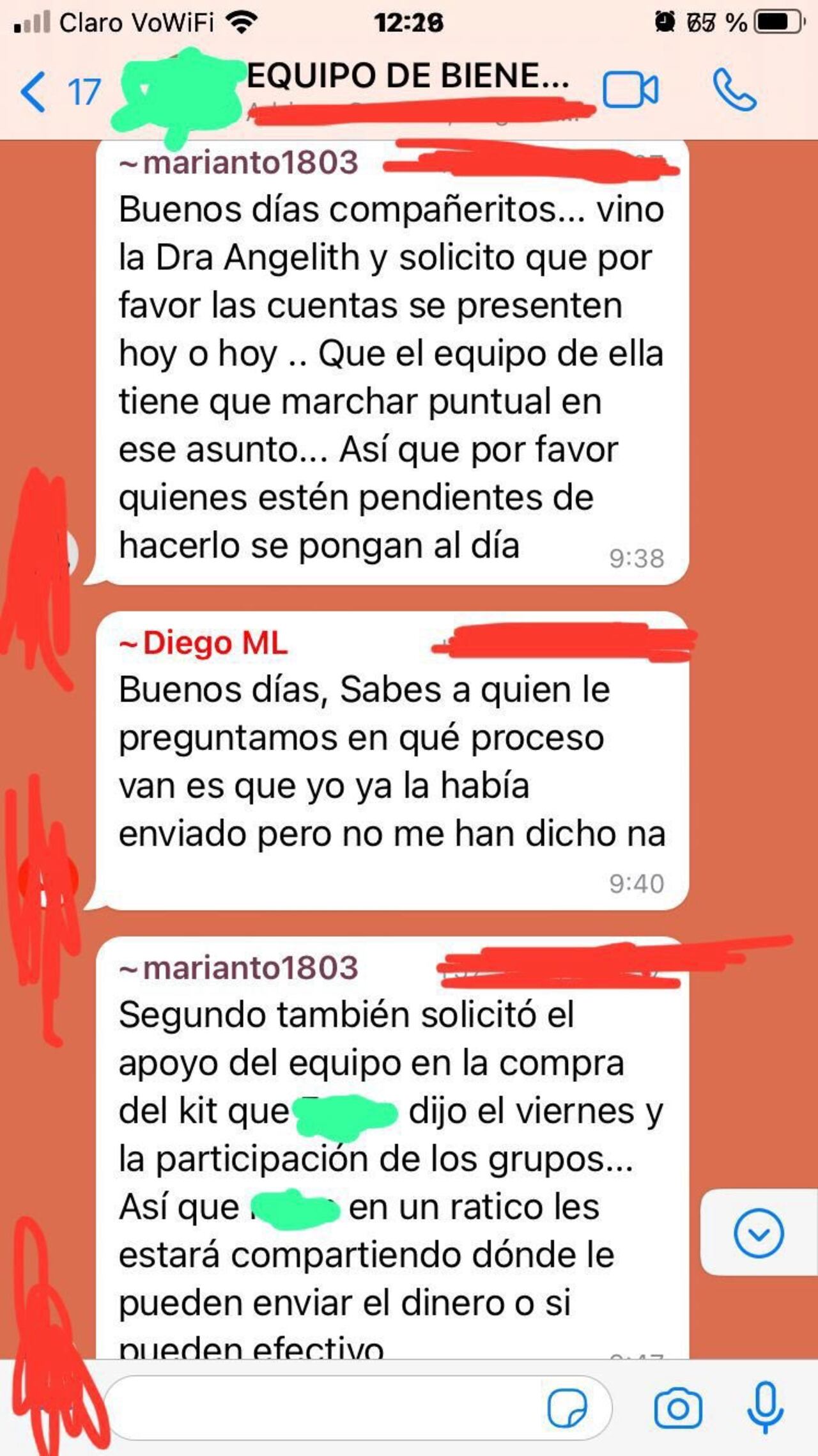 Captura de pantalla del chat que confirma la denuncia de Daniel Briceño