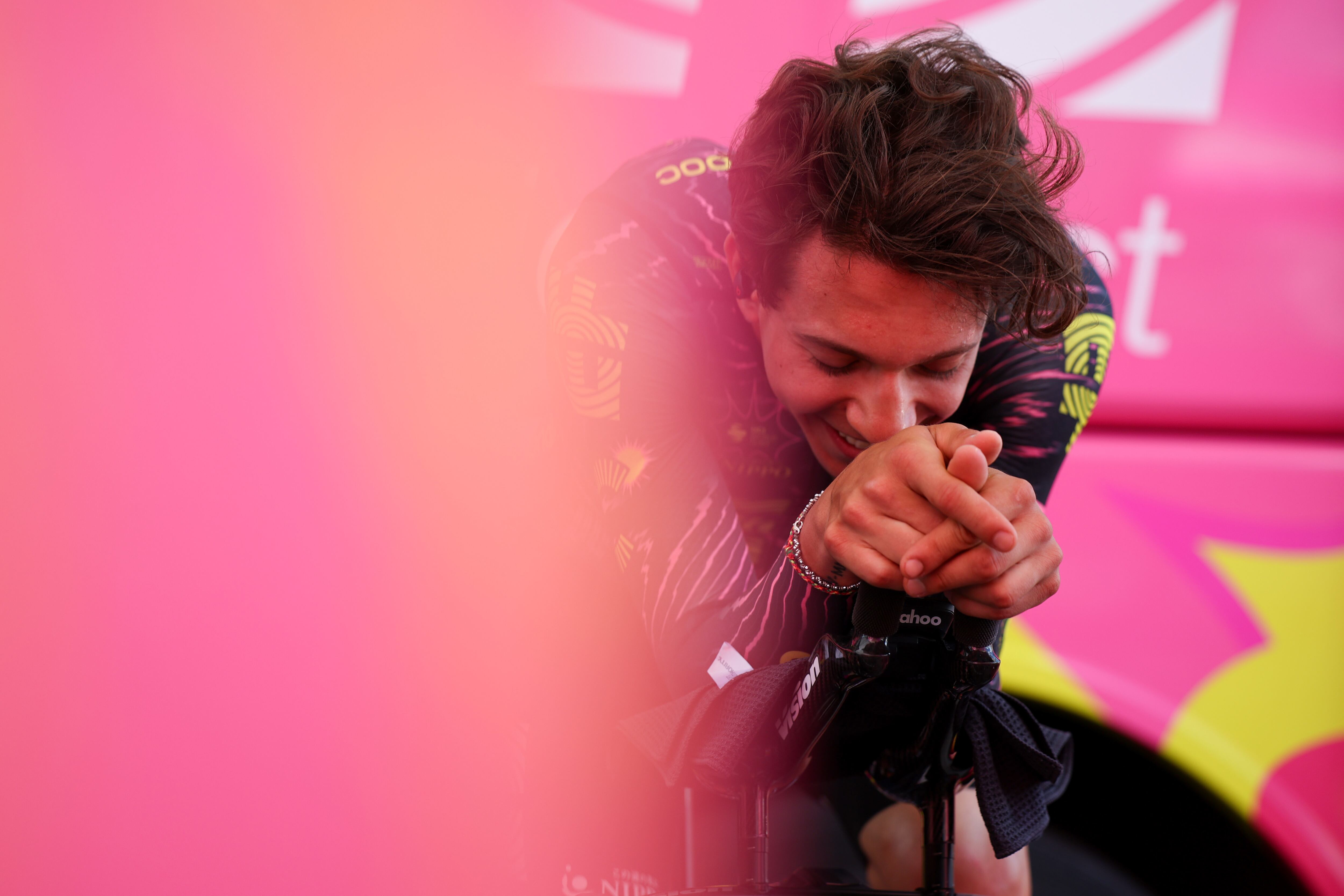 DESENZANO DEL GARDA, ITALY - MAY 18: Andrea Piccolo of Italy and Team EF Education - EasyPost warms up during the 107th Giro d'Italia 2024, Stage 14 a 31.2km individual time trial stage from Castiglione delle Stiviere to Desenzano del Garda on May 18, 2024 in Desenzano del Garda, Italy.  (Photo by Sara Cavallini/Getty Images)