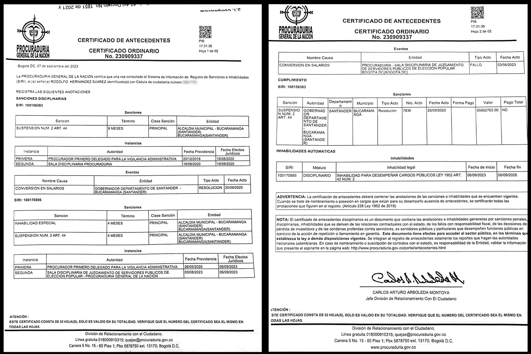 Certificado de antecedentes Rodolfo Hernandez