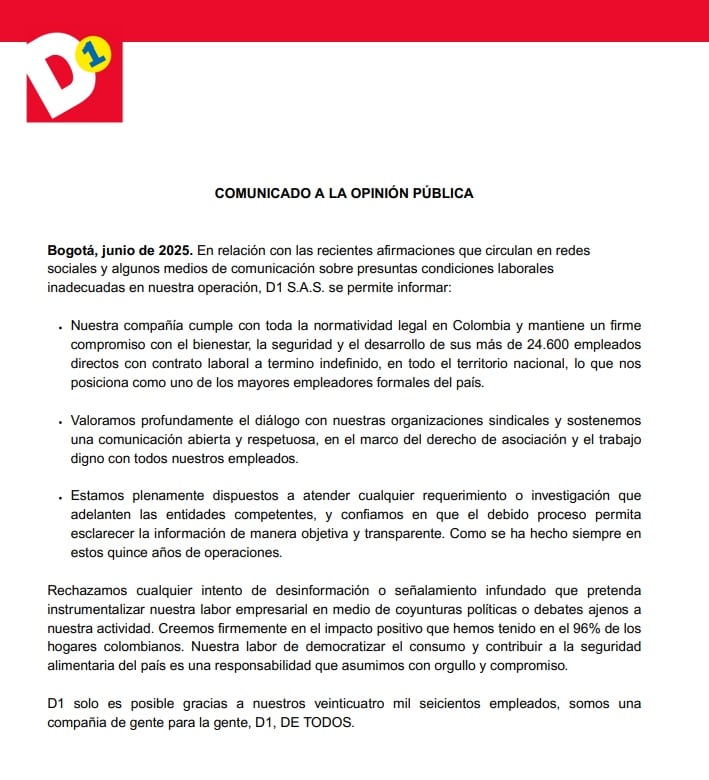 Este fue el comunicado que emitió la compañía.