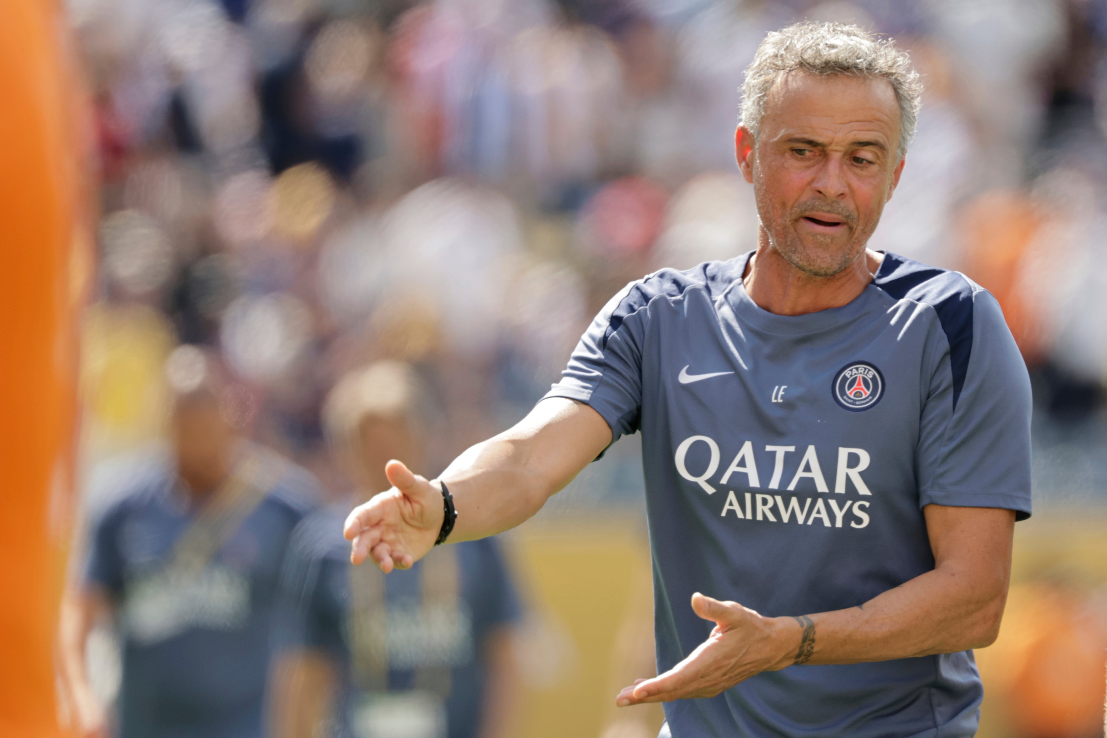 Paris Saint-Germain manager Luis Enrique during the Club World Cup final soccer match between Chelsea and PSG in East Rutherford, N.J., Sunday, July 13, 2025. (AP Photo/Adam Hunger)