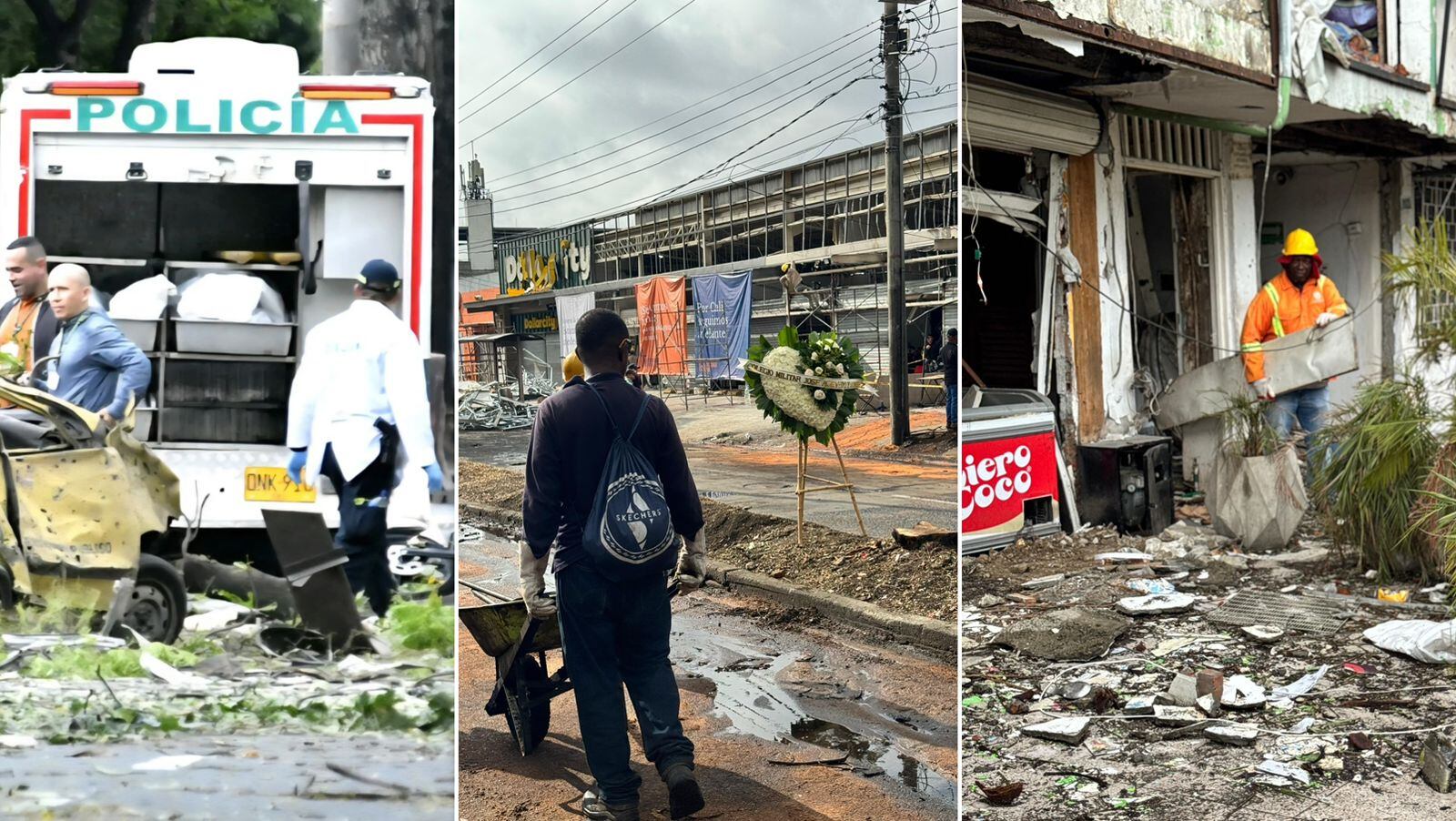 Autoridades adelantan labores de limpieza y recuperación del barrio La Base, en Cali, tras atentado terrorista del 21 de agosto.
