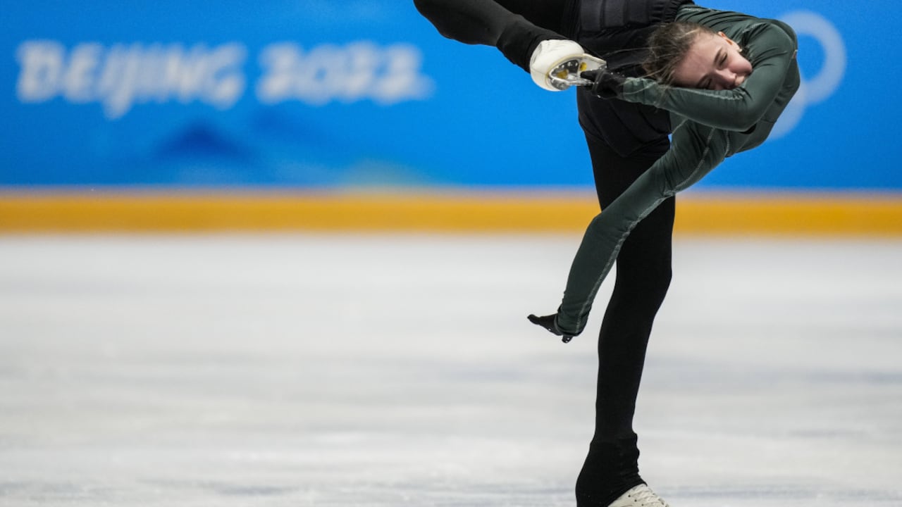 Kamila Valieva, of the Russian Olympic Committee, trains at the 2022 Winter Olympics, Monday, Feb. 14, 2022, in Beijing. (AP/Bernat Armangue)