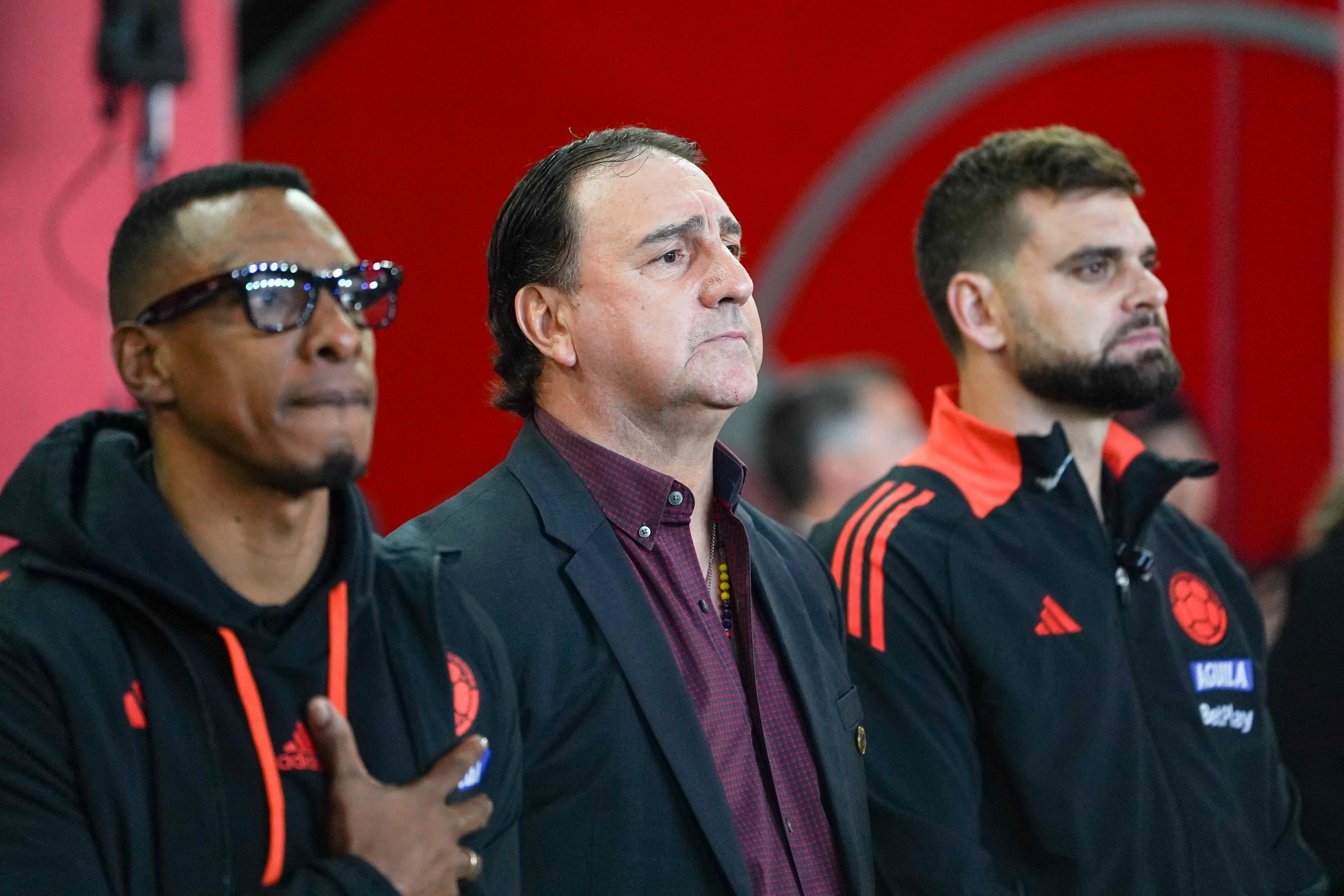 Nestor Lorenzo is Colombia's head coach during the International Friendly match between Canada and Colombia at Sports Illustrated Stadium in Harrison, Nueva Jersey, on October 14, 2025. (Photo by Leonardo Ramirez/Eyepix Group/NurPhoto) (Photo by Eyepix / NurPhoto via AFP)