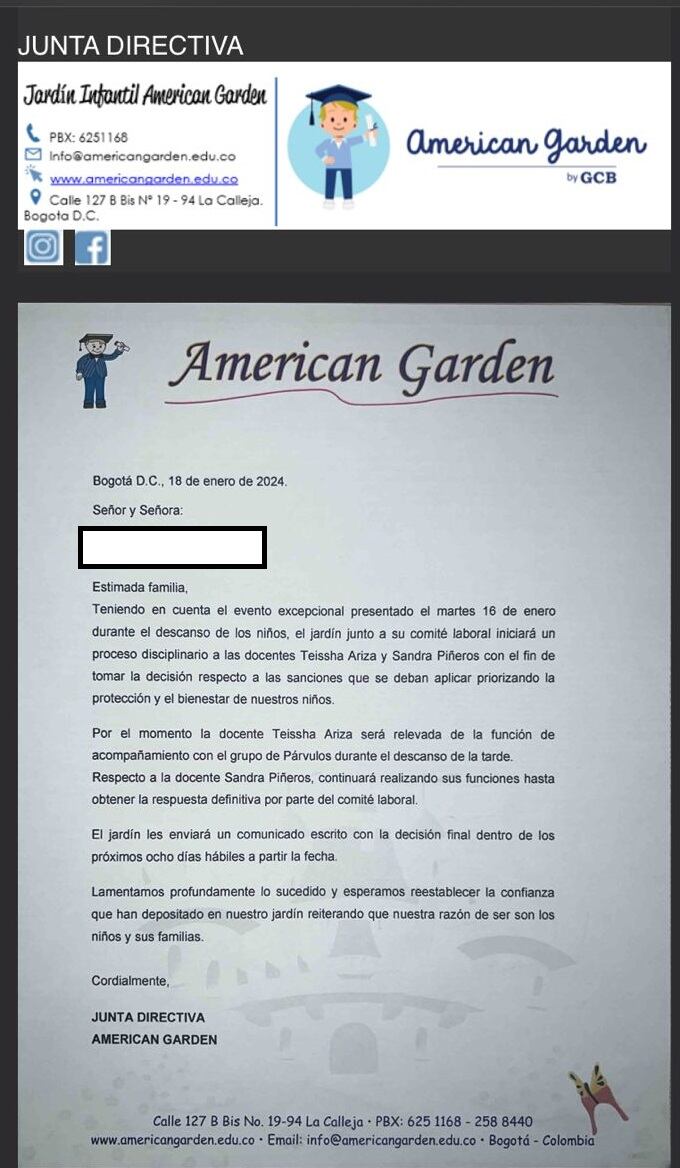 Comunicado 1 American Garden a las familias