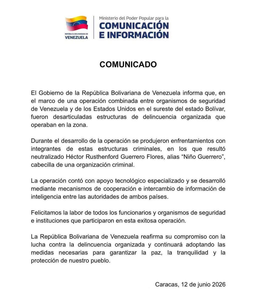 Comunicado de Venezuela confirmando cooperación con EE. UU.