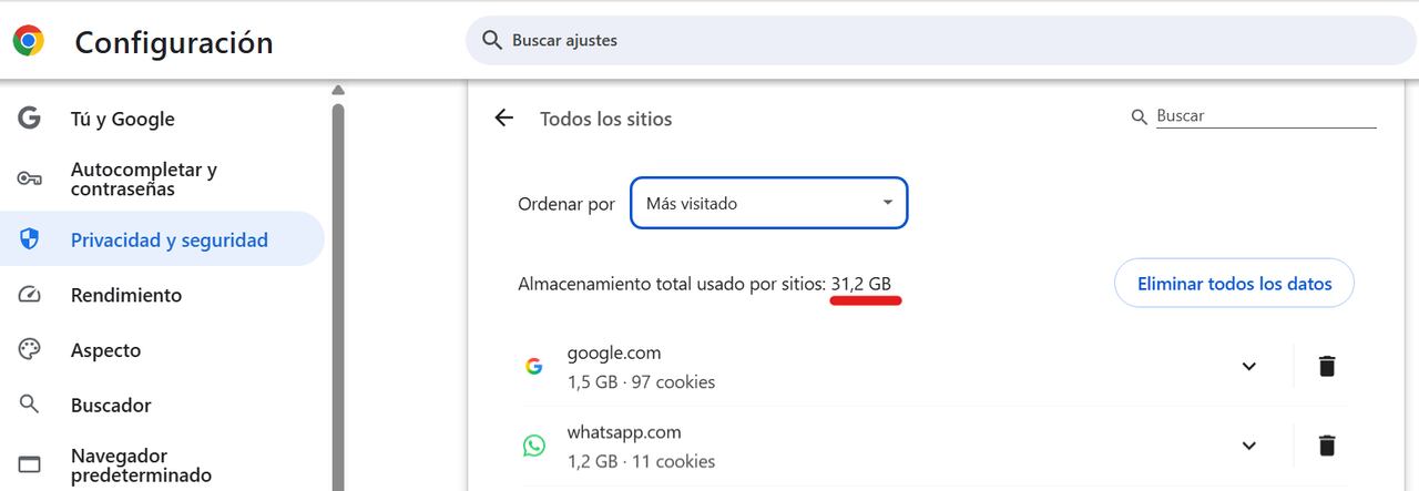 El navegador permite consultar qué sitios están ocupando más almacenamiento local de forma individual.