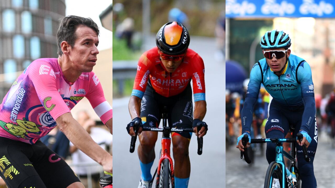 Rigoberto Urán, Santiago Buitrago y Miguel Ángel López. Foto: AFP/Marco BERTORELLO//Getty Images/Tim de Waele//Getty Images/Tim De Waele