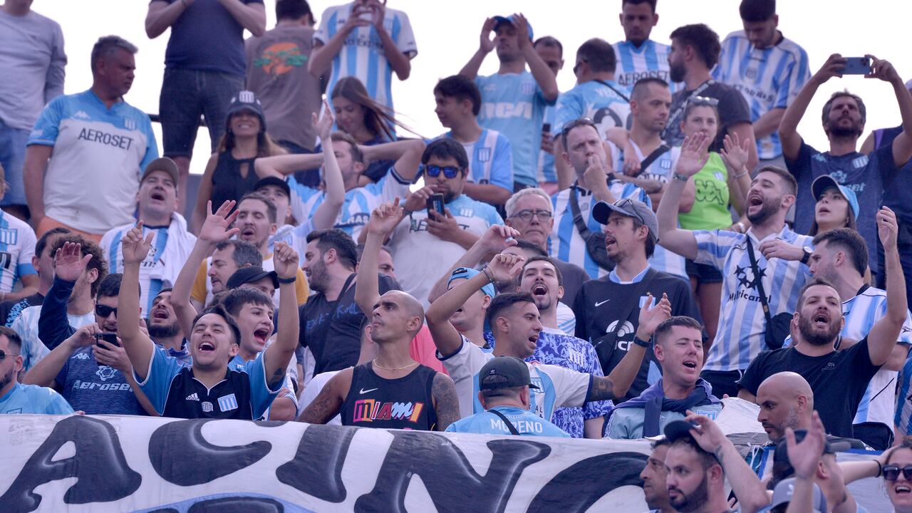 MEDELLIN, COLOMBIA - AUGUST 03: Fans of Racing Club cheer on their team prior to a Copa CONMEBOL Libertadores 2023 round of sixteen first leg match between Atletico Nacional and Racing Club at Estadio Atanasio Girardot on August 03, 2023 in Medellin, Colombia. (Photo by Gabriel Aponte/Getty Images)