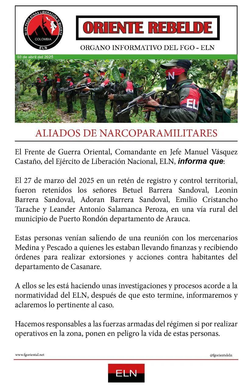 Este es el comunicado del Frente de Guerra Oriental, Comandante en Jefe Manuel Vásquez Castaño, sobre el secuestro masivo.