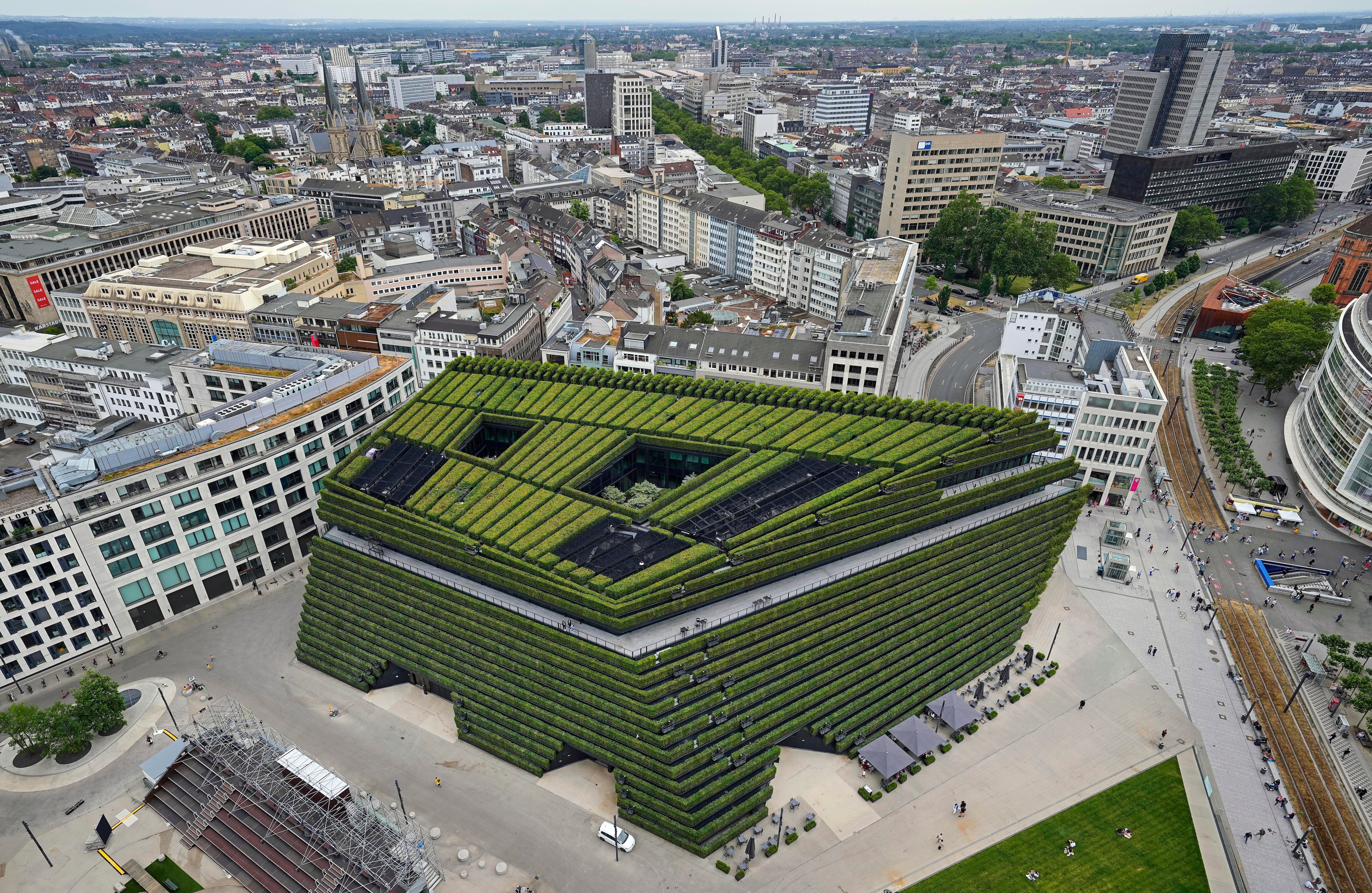 El edificio comercial y de oficinas KII, plantado con más de 30.000 carpes, se muestra en el centro de la ciudad de Düsseldorf, Alemania, el miércoles 28 de junio de 2023. La fachada verde más grande de Europa mejora el microclima en el edificio y absorbe tanto CO2 como 80 grandes árboles de hoja caduca para ayudar a combatir el cambio climático. Foto: AP/Martin Meissner.