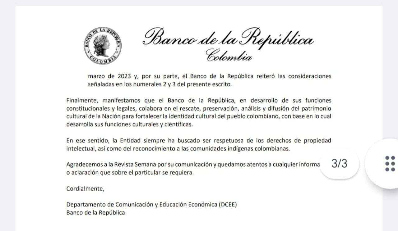 Carta del Banco de la República a SEMANA con motivo de la historia del billete de diez mil pesos colombianos