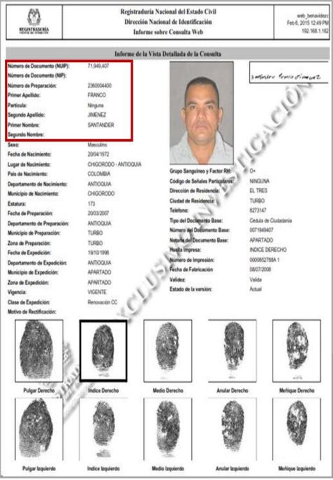 Esta es la identificación de Santander Franco Jiménez, alias Nino. Cabecilla del Clan del Golfo en el Pacífico.