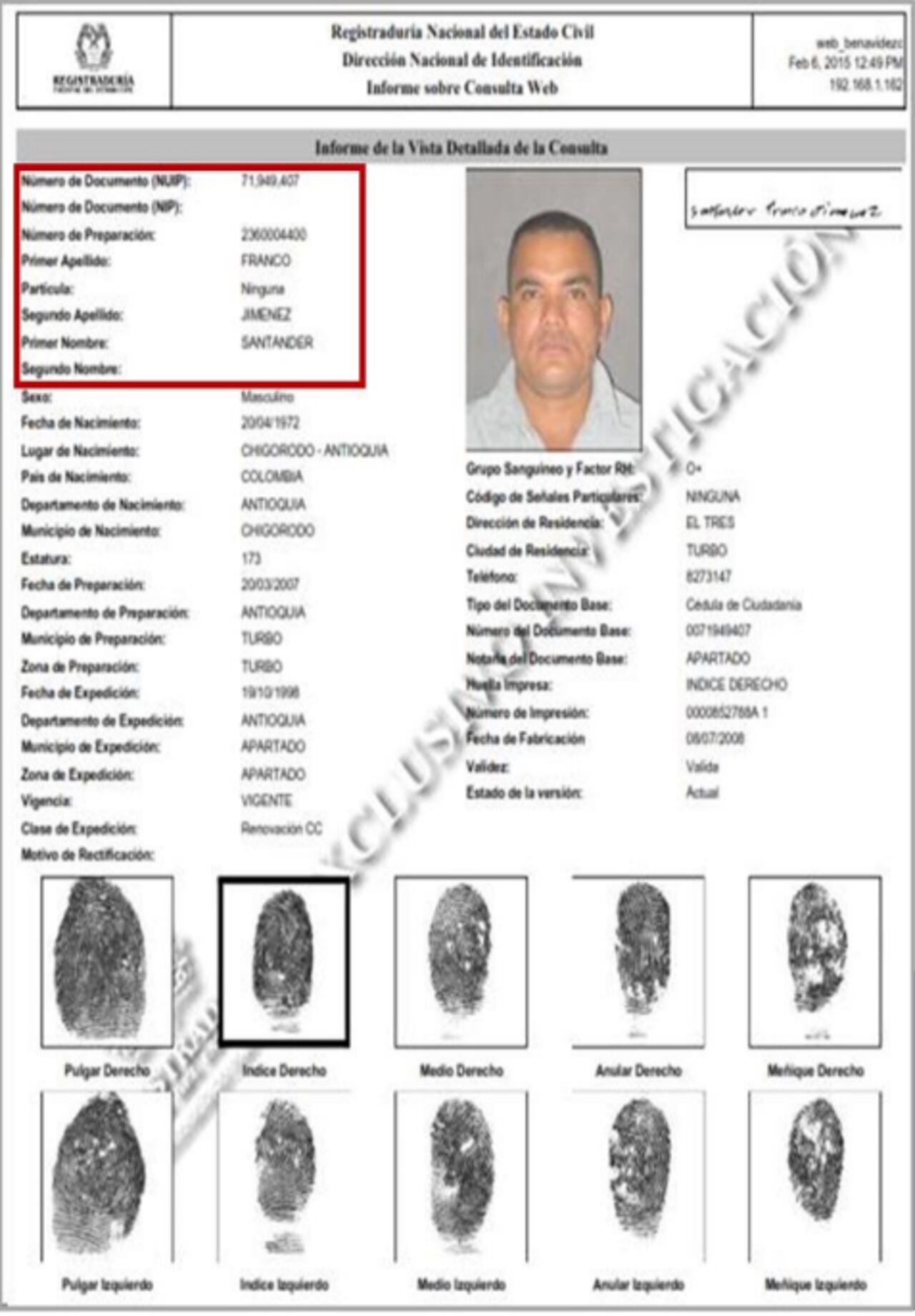 Esta es la identificación de Santander Franco Jiménez, alias Nino. Cabecilla del Clan del Golfo en el Pacífico.