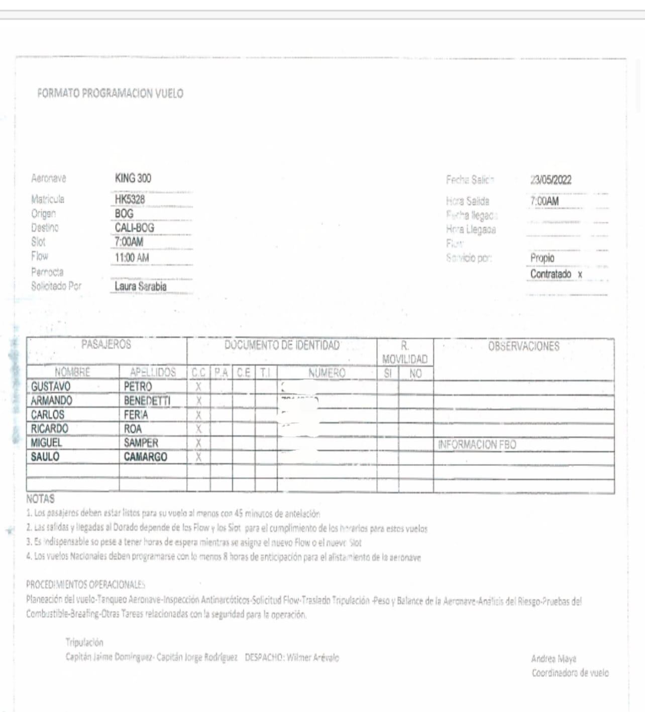 Reporte de la Sociedad Aérea de Ibagué.