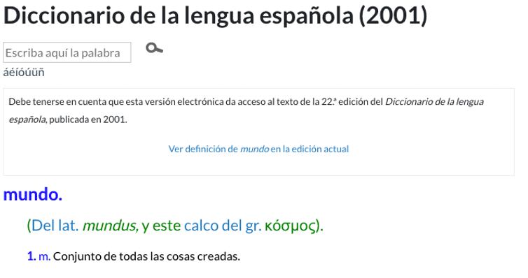 Primera acepción de la palabra mundo en el Diccionario de la Lengua Española de 2001. RAE