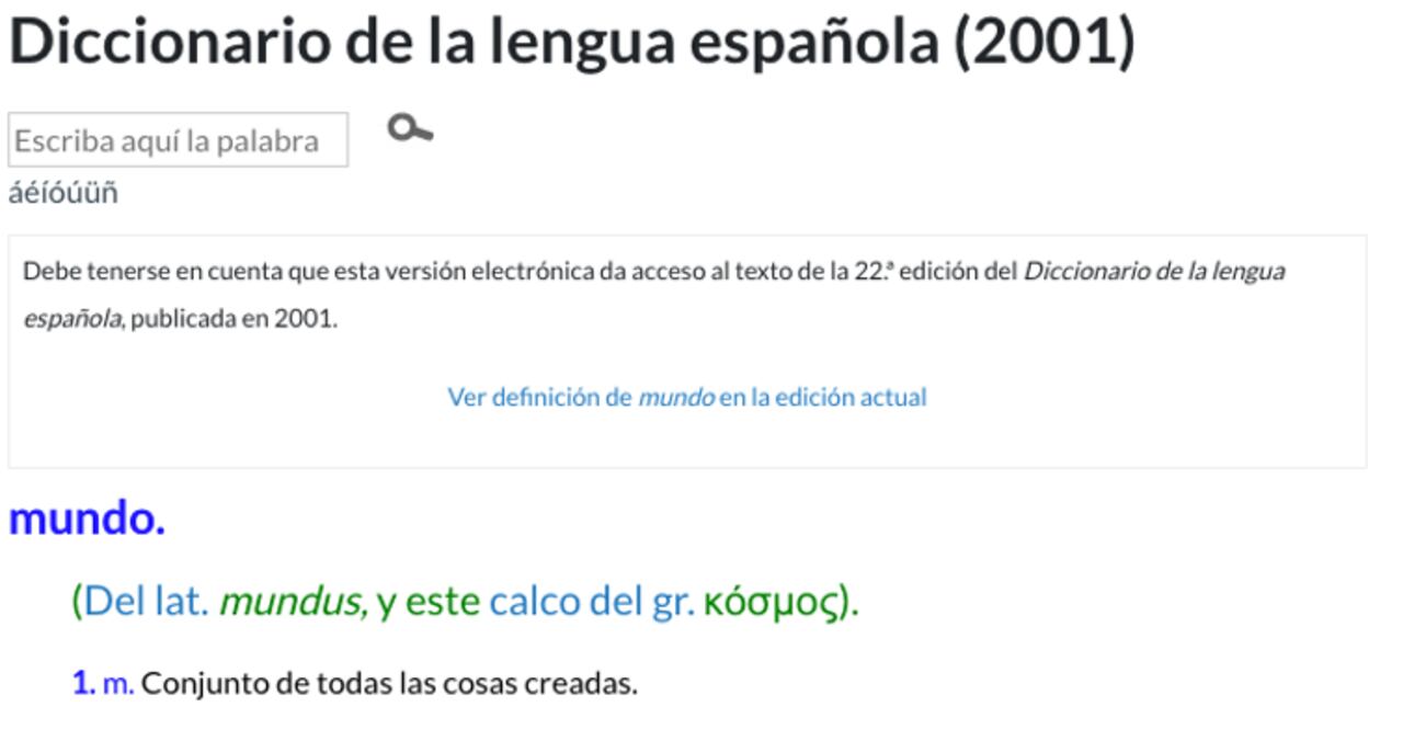 Primera acepción de la palabra mundo en el Diccionario de la Lengua Española de 2001. RAE