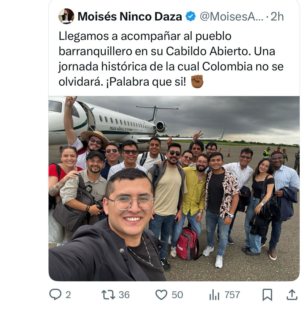 Este fue el trino que publicó Moisés Ninco, en su cuenta de X sobre el viaje a Barranquilla en un avión de la Policía.