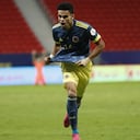 Colombia's Luis Diaz celebrates scoring his side's third goal against Peru during a Copa America third place soccer match at the National stadium in Brasilia, Brazil, Friday, July 9, 2021. (AP Photo/Andre Penner)
