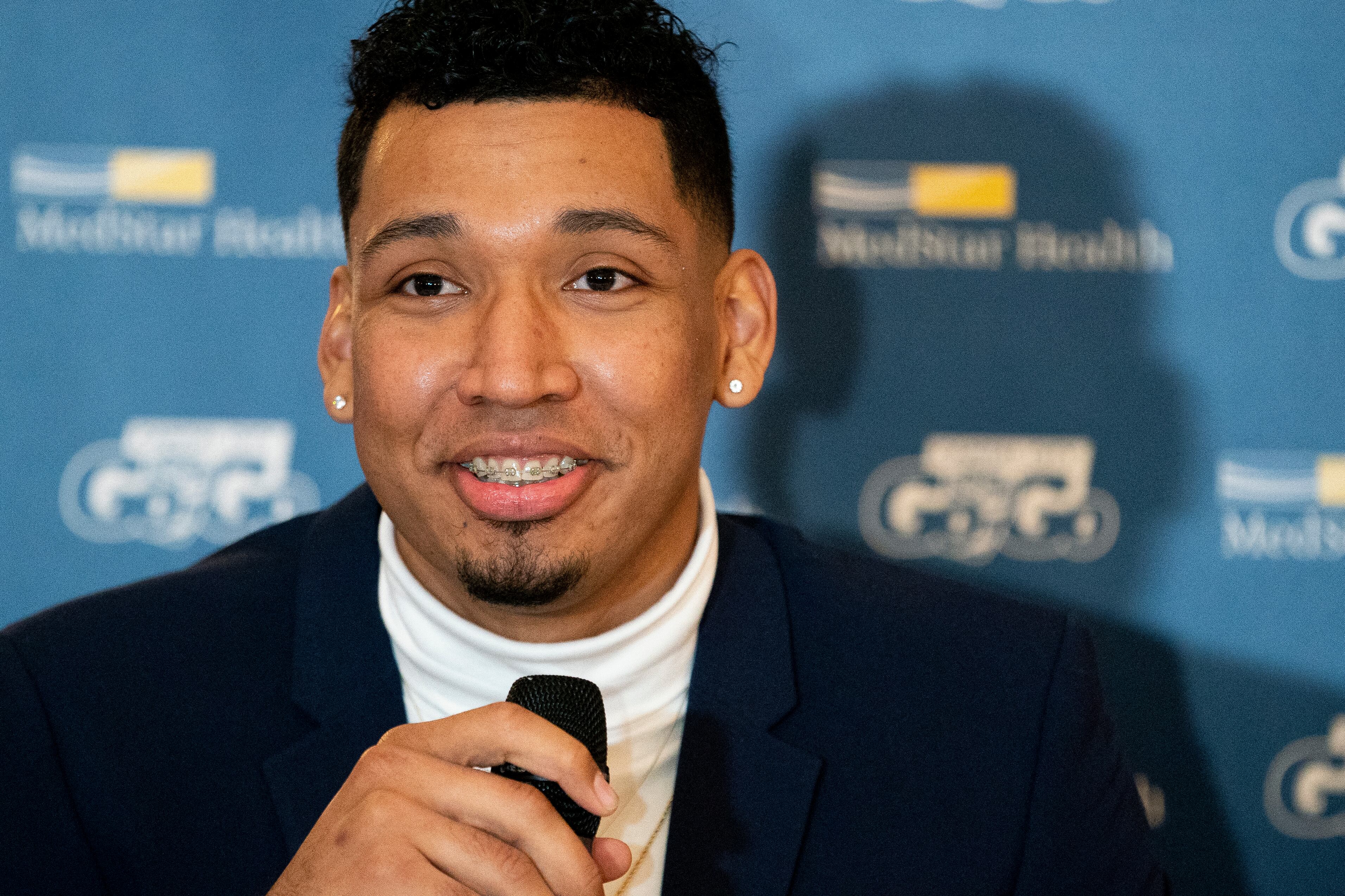 NBA player Jaime Echenique speaks during a press event hosted by the Colombian Embassy in Washington, DC, on January 18, 2022. (Photo by Stefani Reynolds / AFP)