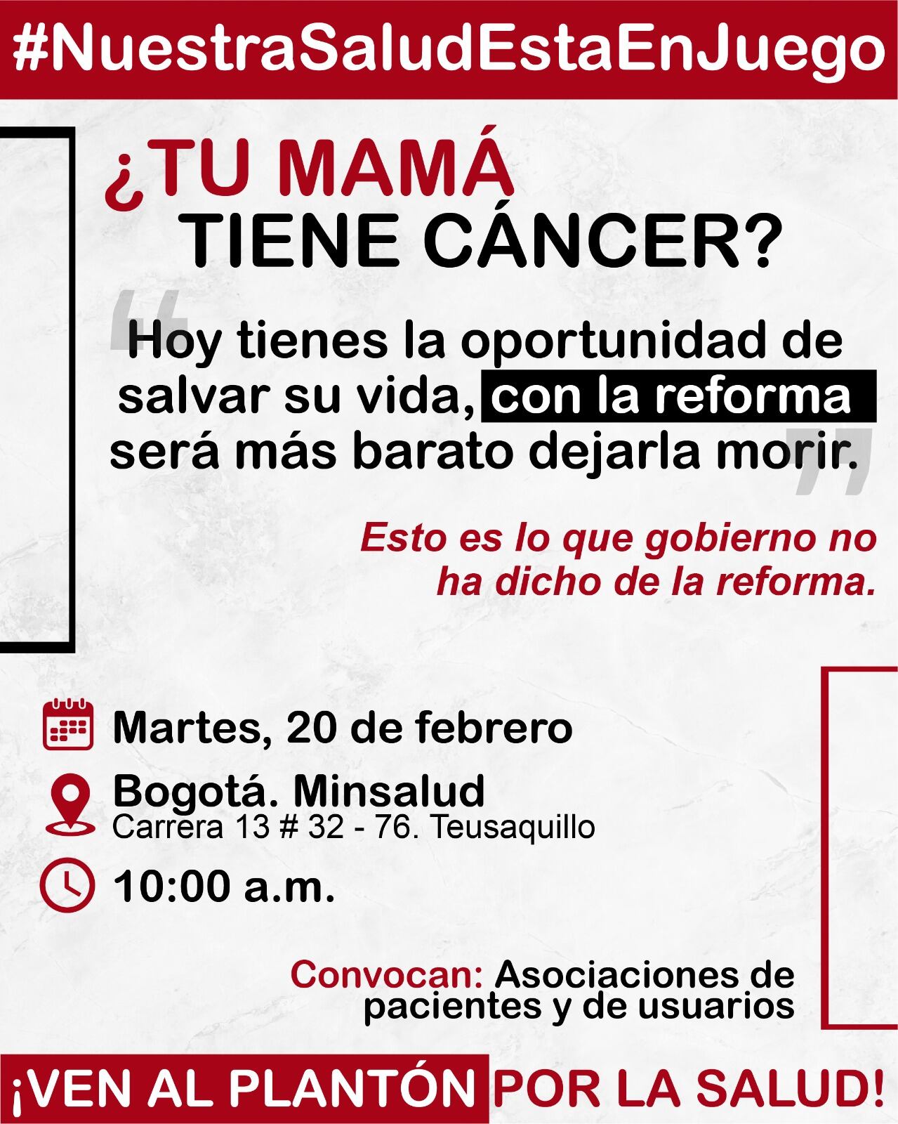 La organización Pacientes Colombia convoca a un plantón este 20 de febrero, frente al Ministerio de Salud.