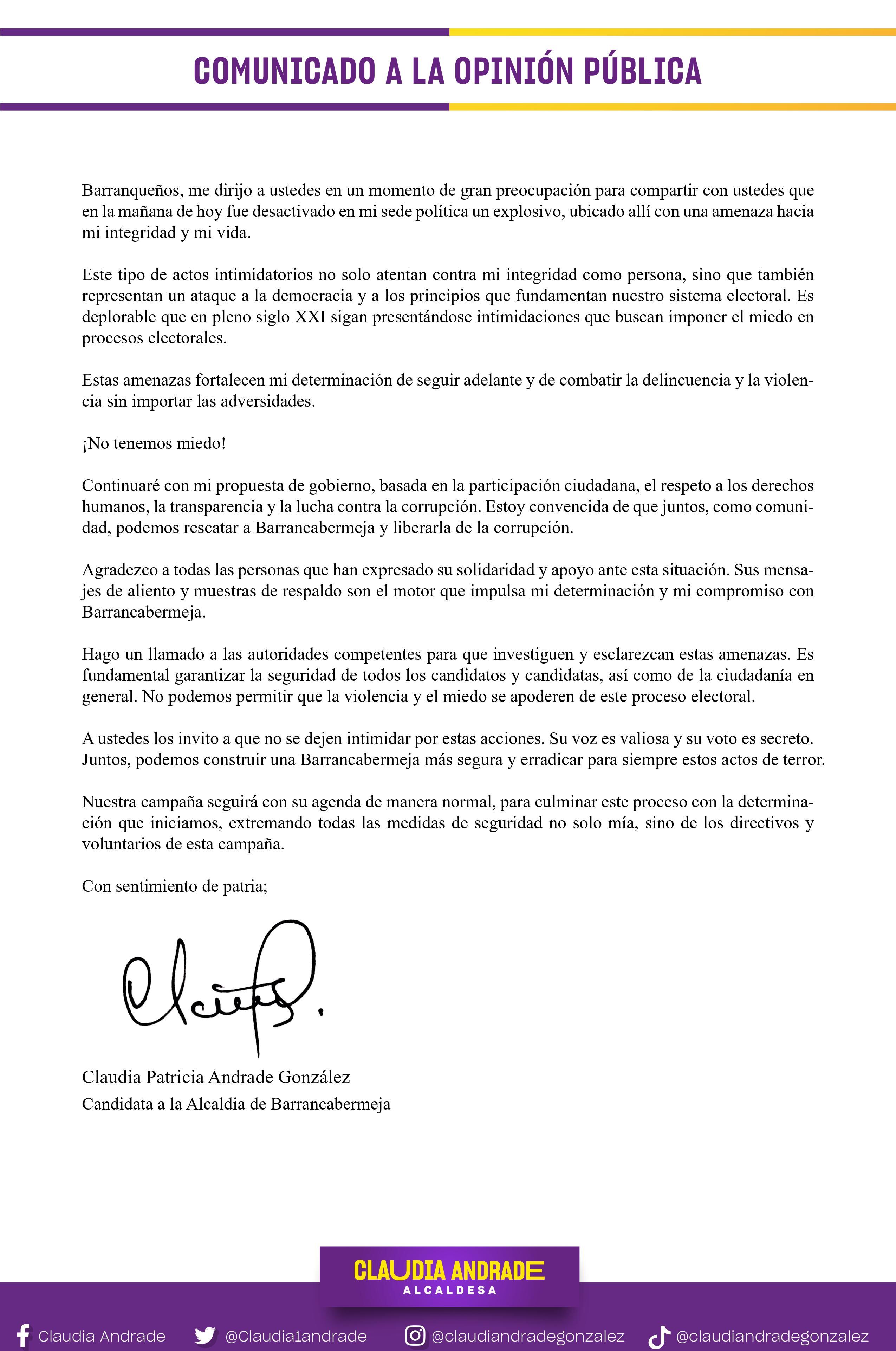 Pronunciamiento de Claudia Andrade, candidata a la alcaldía de Barrancabermeja, tras sufrir una amenaza en su sede de campaña.