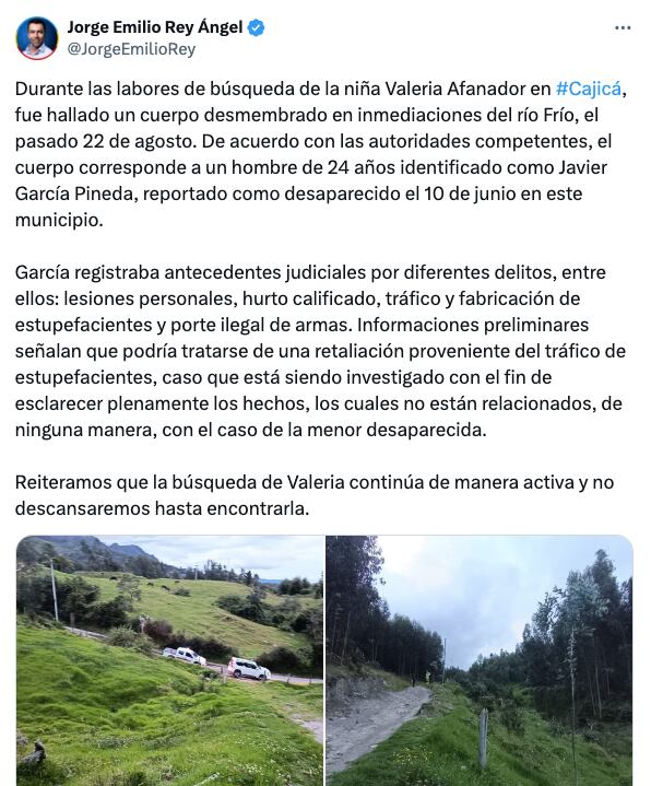 Publicación del gobernador de Cundinamarca, Jorge Emilio Rey.